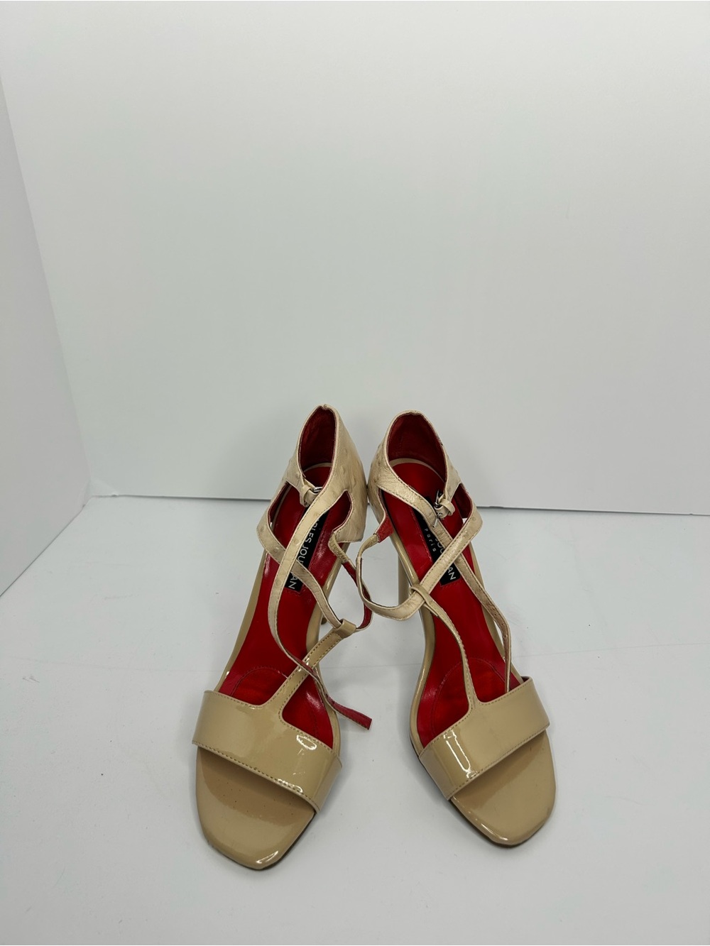Charles Jourdan Beige Ostrich Patent Strappy High Heel Stiletto- Women's